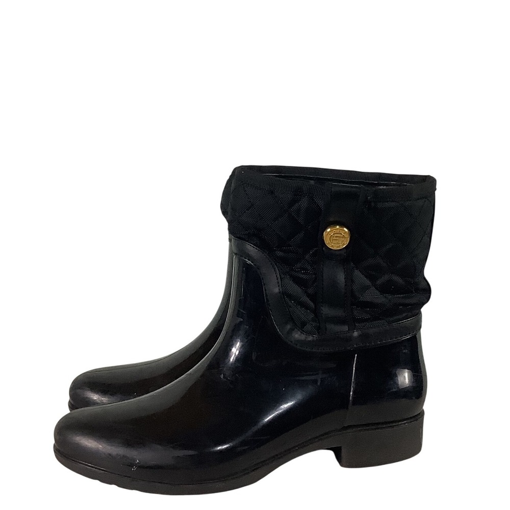 Tommy Hilfiger Womens Black Quilted Rain Boots Glossy Waterproof Size 9